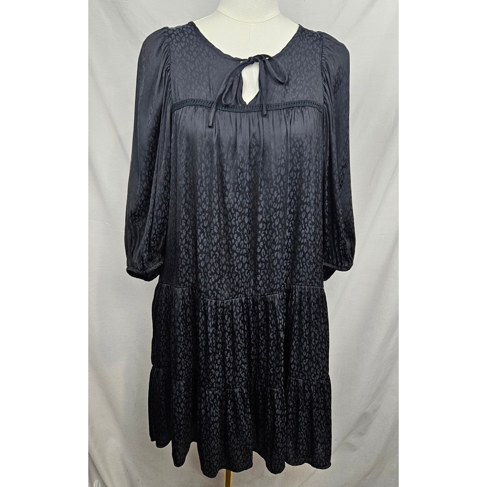 Ophelia Roe‎ Black Leopard Print Tiered Tie Neck Midi Dress Women's M Boho